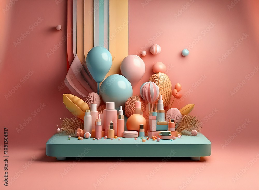 Poster a 3d rendering of a pastel-colored background with a platform filled with beauty products surrounded