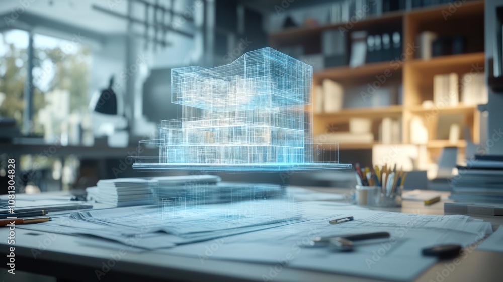 Poster 3d architectural model displayed on a desk.