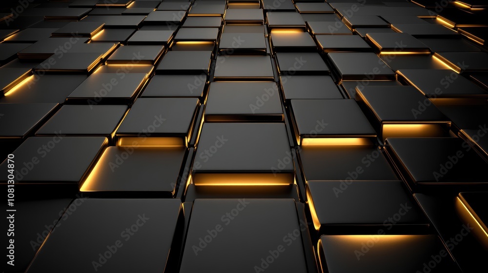 Poster abstract texture of shiny black tiles with soft golden illumination, creating a modern and luxurious