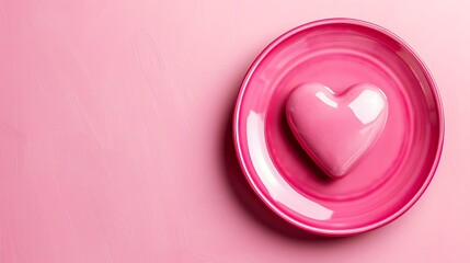 A pink heart-shaped dessert on a matching plate, set against a pink background, evoking love and sweetness.