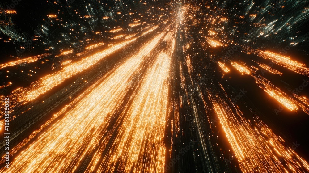 Poster dynamic stream of glimmering particles in space, abstract sci-fi background with light effects, high