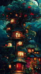 A whimsical treehouse with glowing windows and lanterns, nestled amongst lush foliage under a full moon.