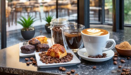 Rustic Coffee Bar Featuring a Freshly Brewed Espresso, Artisan Gluten-Free Pastries, and a Variety of Organic Condiments for a Cozy and Relaxing Morning Break
