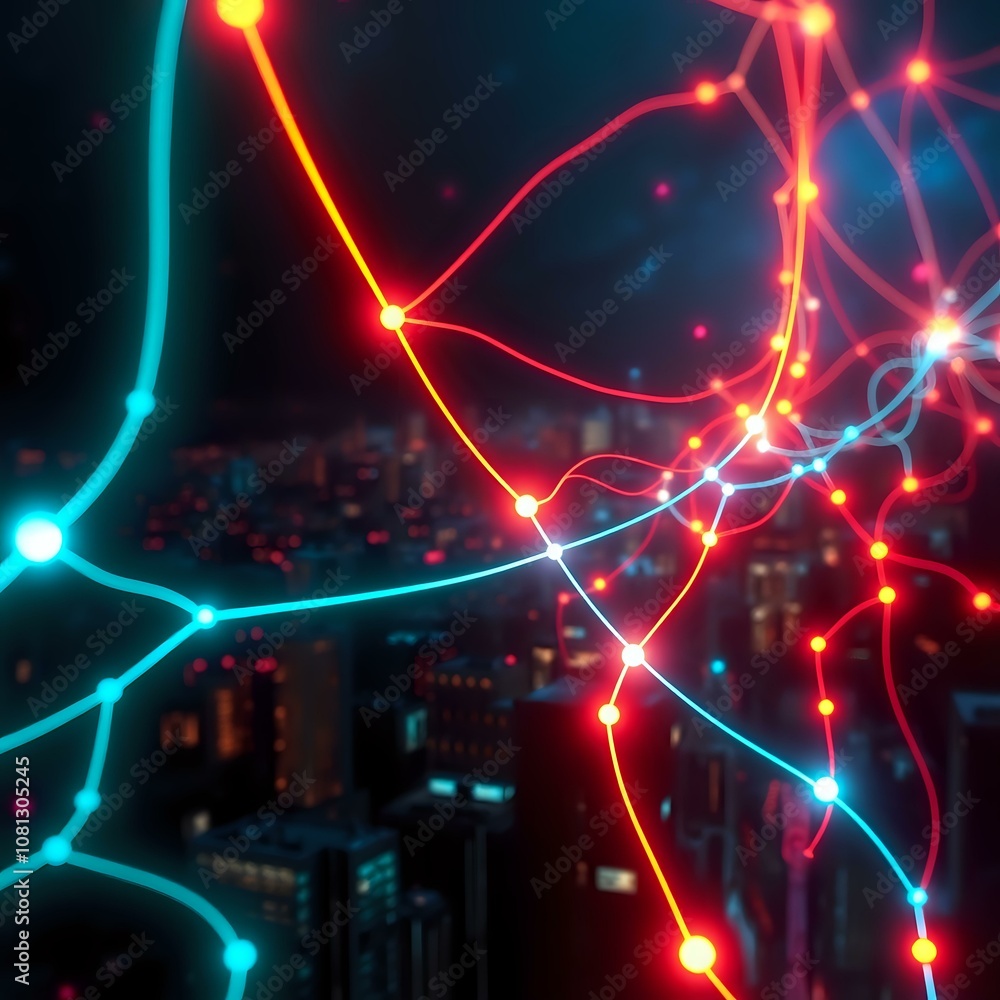 Poster neon network data visualization | retro-futuristic cityscape backdrop