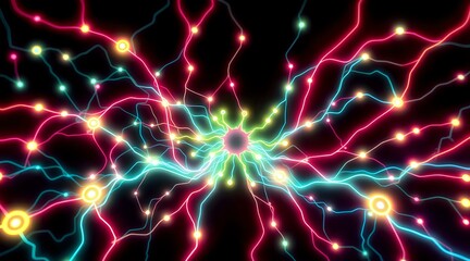 Radiant Neon Circuit Explosion on Black Background