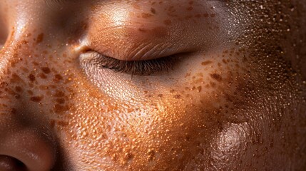 This image focuses on a face adorned with golden tones, highlighting the skin's textures and glistening moisture, celebrating natural beauty and self-care