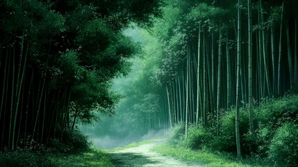 A winding dirt path leads through a dense, lush bamboo forest, sunlight filtering through the canopy and creating a mystical atmosphere.