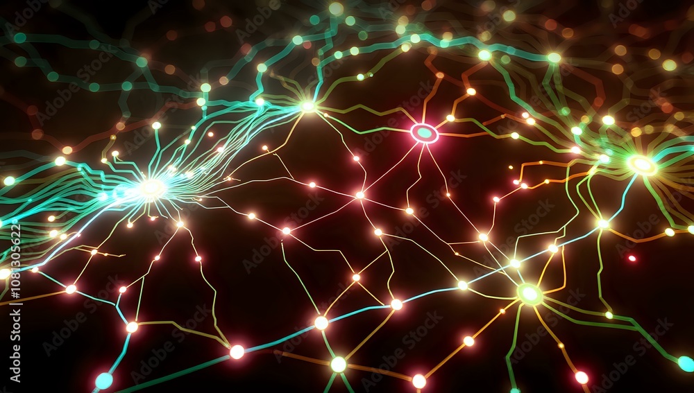 Poster cyberpunk intergalactic circuitry - abstract neon node network