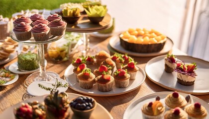 Luxury Dessert Table With a Selection of Vegan Cakes, Gluten-Free Muffins, Fresh Fruit, and Coconut Cream Garnishes for an Indulgent and Guilt-Free Dining Experience