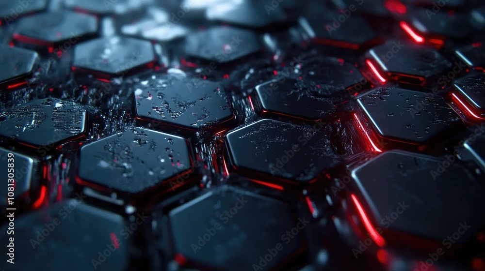 Poster abstract hexagonal pattern with glossy surface and vivid red neon light reflecting and shimmering wa