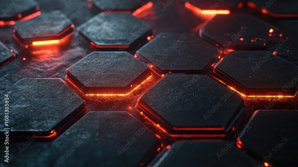 Poster high-resolution close-up of futuristic hexagonal surface with glowing lines and textured black backg
