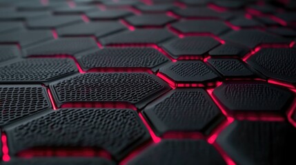 Obraz premium Futuristic Abstract Hexagonal Textures with Red Glowing Lines and Detailed Surfaces for Digital Design and Technology Backgrounds