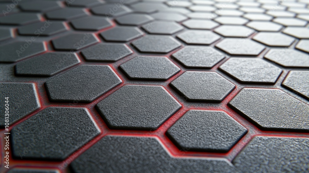 Poster textured surface of interlocking hexagonal tiles in dark tones with subtle red accents for modern de