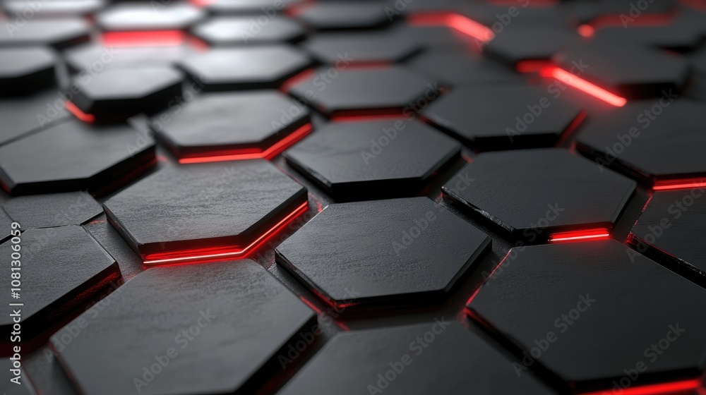 Poster hexagonal pattern with glowing red accents on a dark surface, modern design element for technology, 