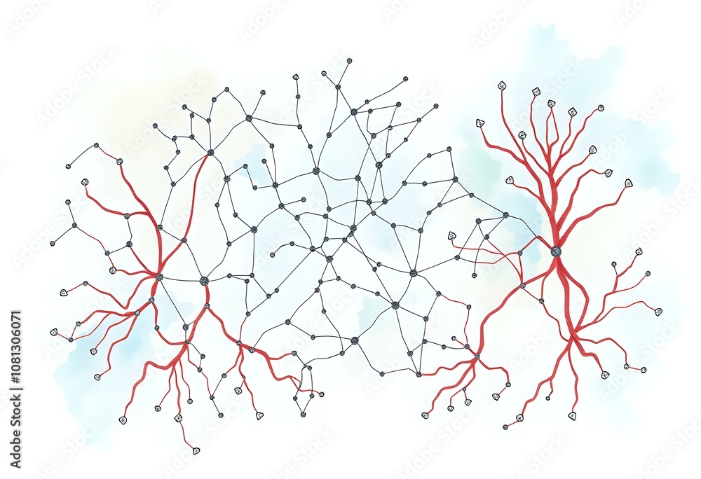 Poster harmonious network diagram: interconnected trees in soft blue minimalist style
