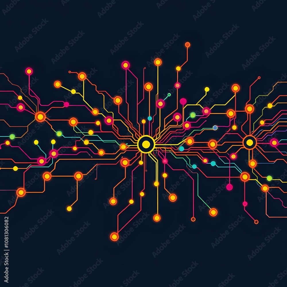 Poster complex circuit board with interconnected nodes in vibrant colors