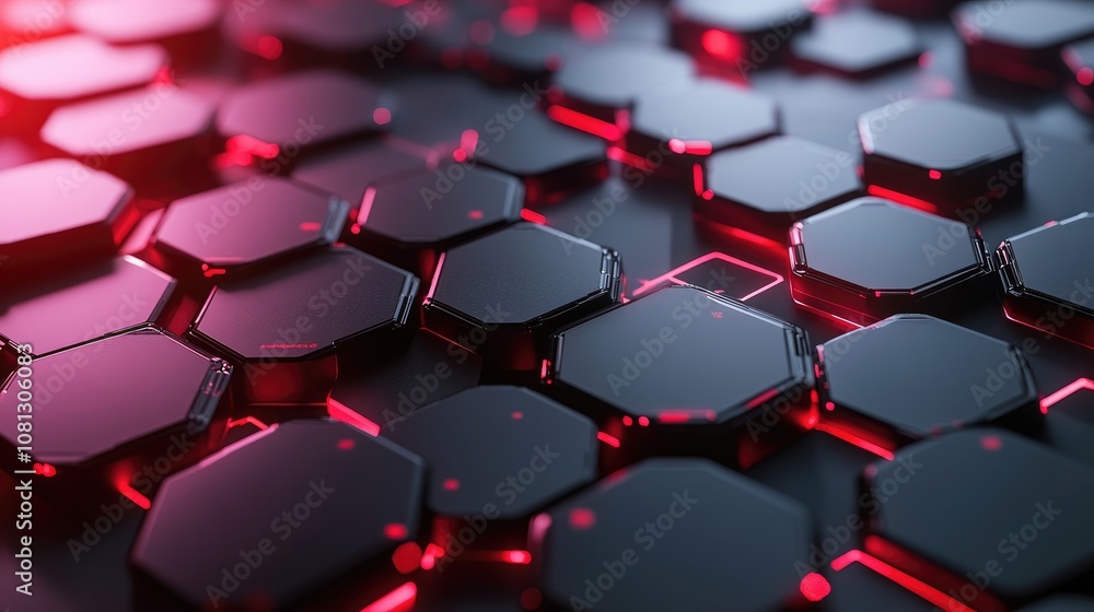 Poster futuristic hexagonal pattern with glowing red edges on a dark background, ideal for technology, inno