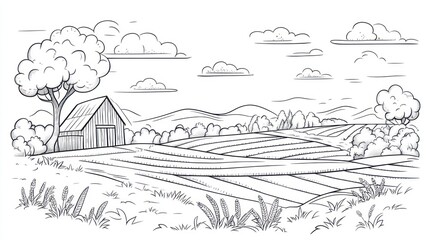 A serene farm landscape with rolling fields and a barn.