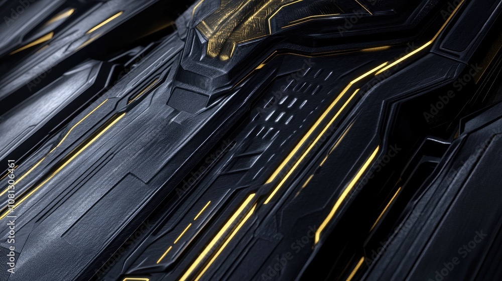 Aufkleber abstract futuristic design with smooth black surface and radiant yellow lines, showcasing intricate 
