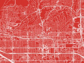 Christmas Map of Fullerton California, USA in Snowy White on Festive Red Background.