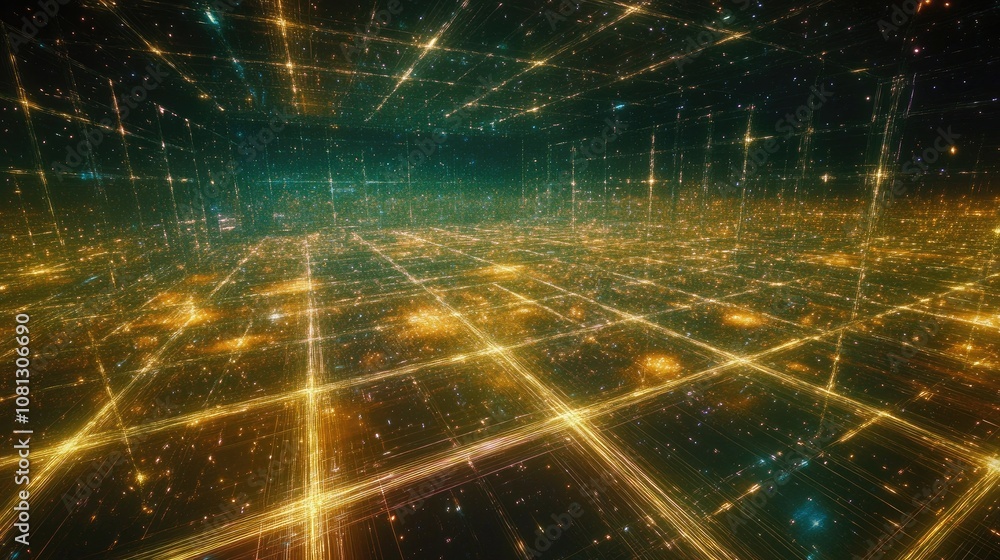 Poster abstract digital landscape with glowing lines and stars, representing a vast universe of data, techn