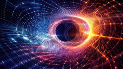 Dynamic and Colorful Illustration of a Black Hole Surrounded by a Vibrant Cosmic Web of Light, Energy, and Gravitational Waves in a Stunning Space Scene