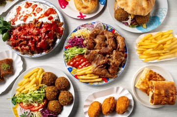 Turkish and Arabic food composition from above on white table