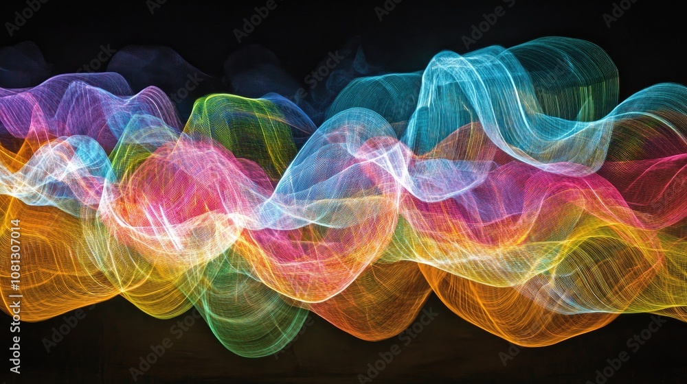 Poster colorful light waves creating abstract patterns in a dark background, showcasing vivid hues and flui