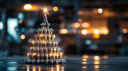 A creative christmas tree made of stacked nuts and bolts with glowing lights in an industrial setting for a festive and innovative happy new year concept