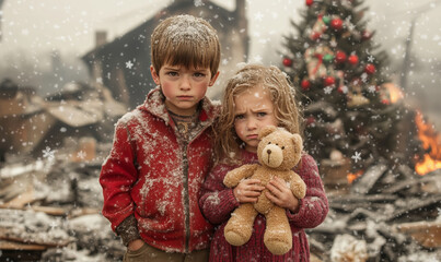 Children with a teddy bear stand in snowy ruins. Children are sad. Homeless children. Resentment. Favorite toy. Orphans. Children left without parents after a fire. Wooden house.