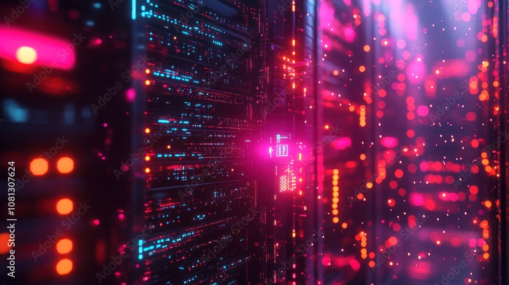 Poster rows of servers with glowing lights in a data center.