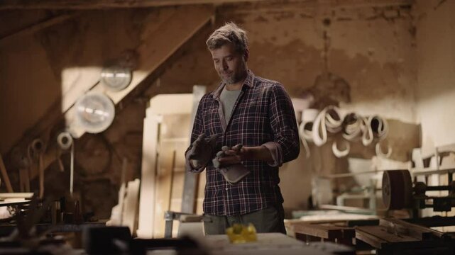 Slow-motion footage of a professional carpenter removing protective hand gloves after the work. There are a locksmith table and tools in the background