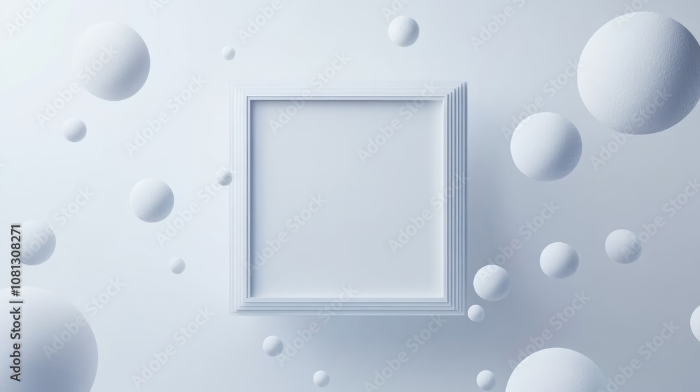 Poster minimalistic design with a blank frame and spheres.