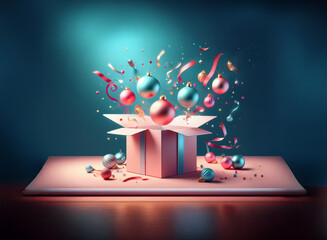 An open pink gift box with colorful ornaments, ribbons, and confetti bursting out.