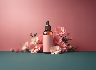 A glass bottle with a dropper sits on a teal surface, surrounded by delicate pink flowers against a soft pink background.