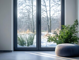 In early spring, there is spruce next to the corner of the window and a rectangular...