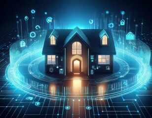 a futuristic smart home surrounded by a digital fence made of security symbols and encrypted data representing privacy protection in technology