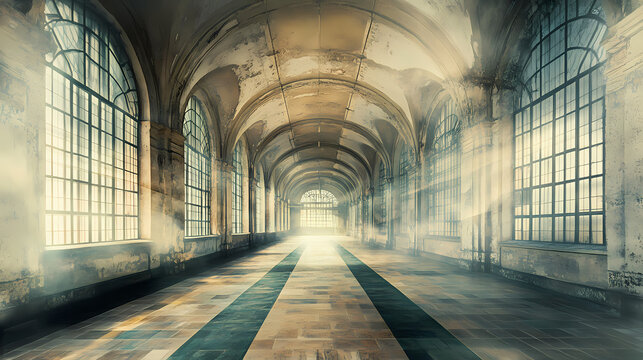 Gespenstischer lost place, verlassener alter bahnhof, innenansicht, generative ai. Phantasm. Illustration