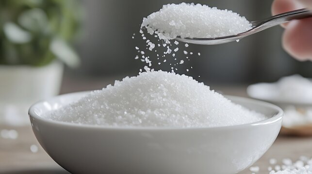 Measuring spoon pouring granulated white sugar into ceramic bowl on gray background, copy space