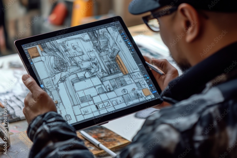 Poster a young man wearing a cap and glasses is using a stylus to draw on a tablet. the tablet is displayin