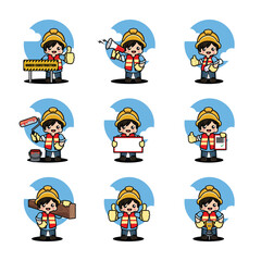 Set of cartoon construction worker with a helmet