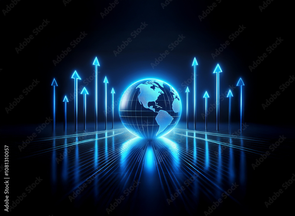 Poster a glowing globe sits in the center of the frame, surrounded by bright blue arrows pointing upwards. 