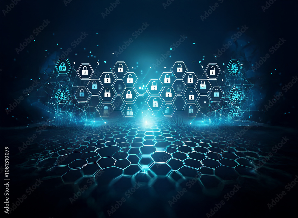 Poster a digital illustration of a blue and black background featuring a honeycomb pattern, a glowing light
