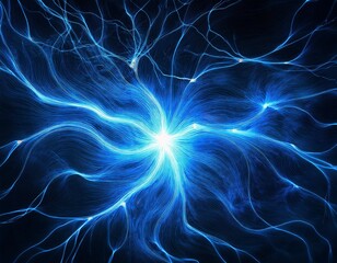blue light energy in dark space plasma or electric discharge for abstract background macro view of neural network concept of ai science research