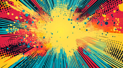 Abstract colorful background with radial lines, dots, and splatters.