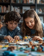 Fototapeta premium Two children engaged in a board game, focused and enjoying their time together.