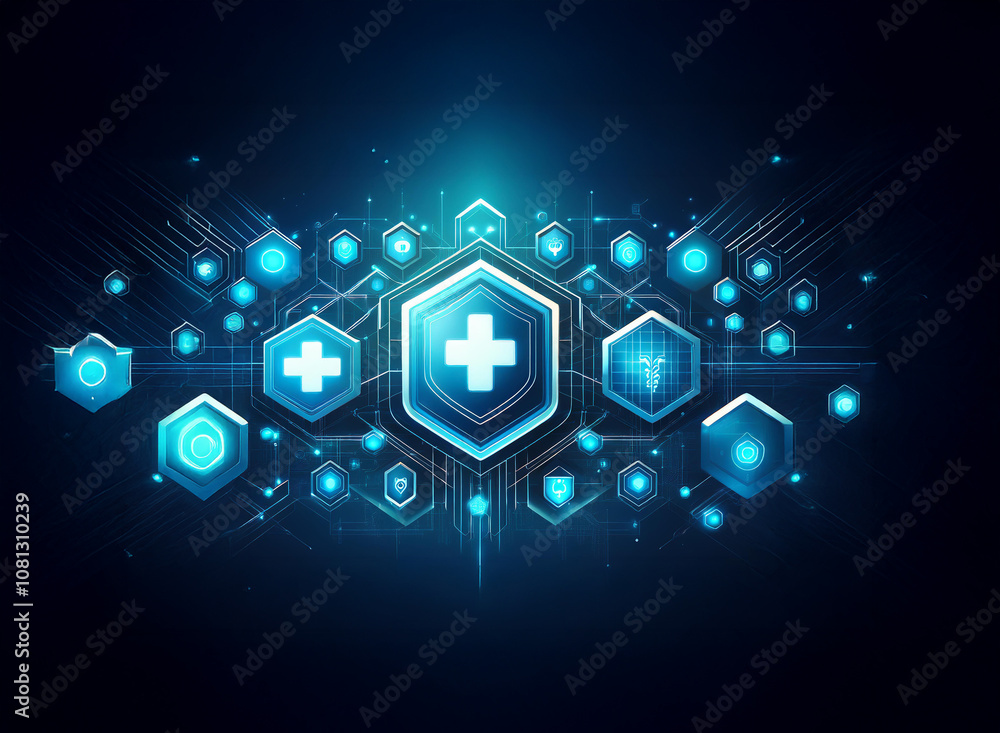 Poster a glowing blue digital network with a central hexagon displaying a white plus sign, surrounded by sm