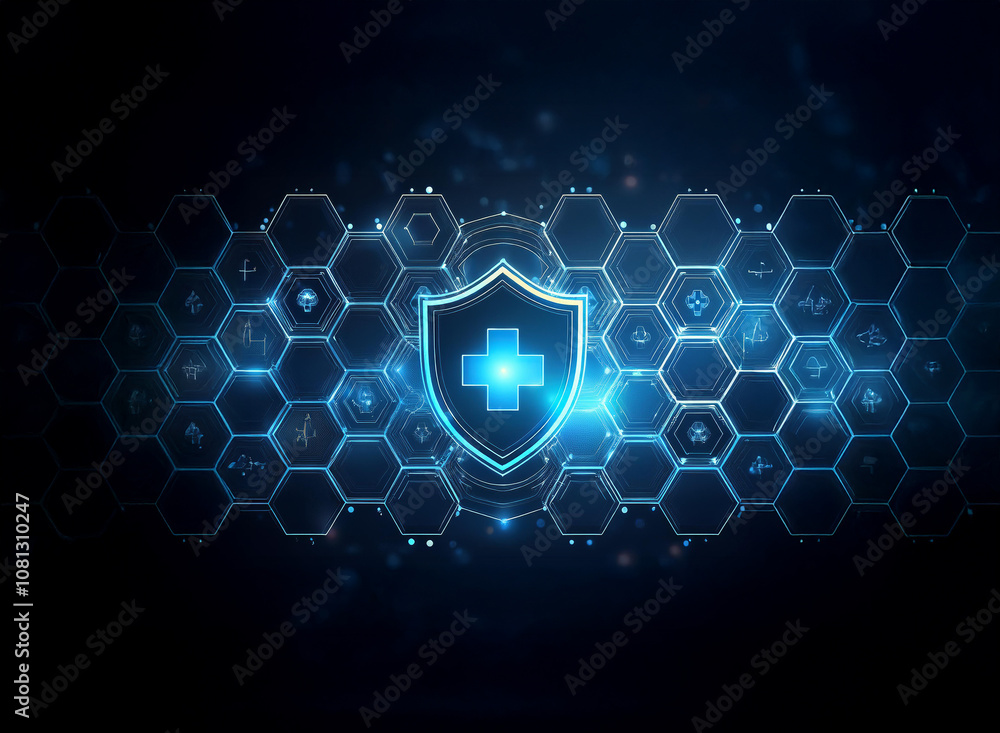 Poster a glowing blue shield with a cross symbol in the center is displayed against a dark background of he