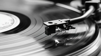 Close-up of a turntable playing a vinyl record.
