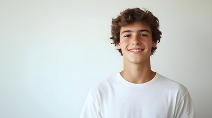 Portrait of smiling teenage boy with curly brown hair wearing white t-shirt against plain white wall background, copy space